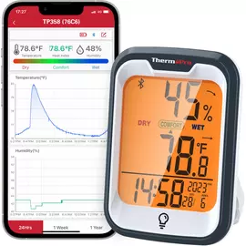 ThermoPro TP358 Bluetooth-Innenthermometer und -Hygrometer mit Uhr, hintergrundbeleuchtetem Display, 78 m Reichweite und Datenexport